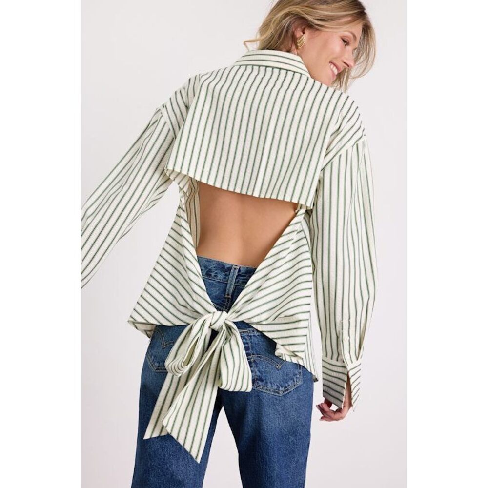Lulus Logan Ivory And Green Striped Cutout Button-up Long Sleeve Top White